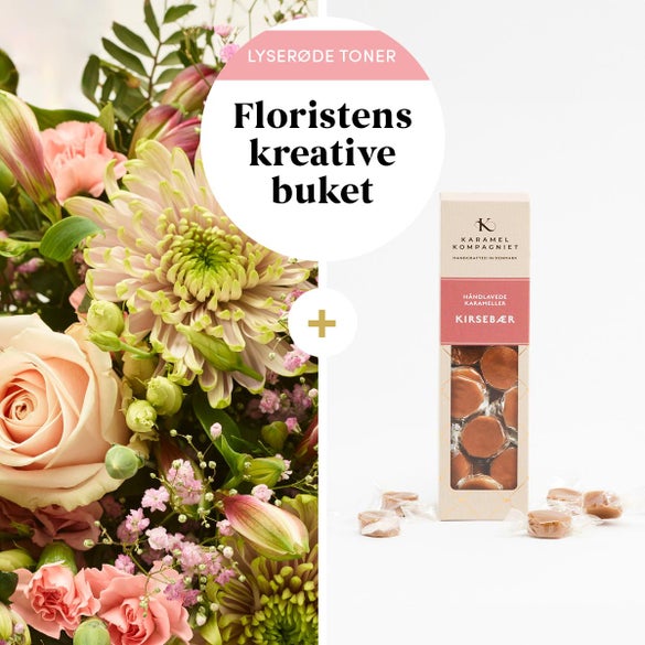 Floristens kreative buket i lyserøde nuancer med karameller